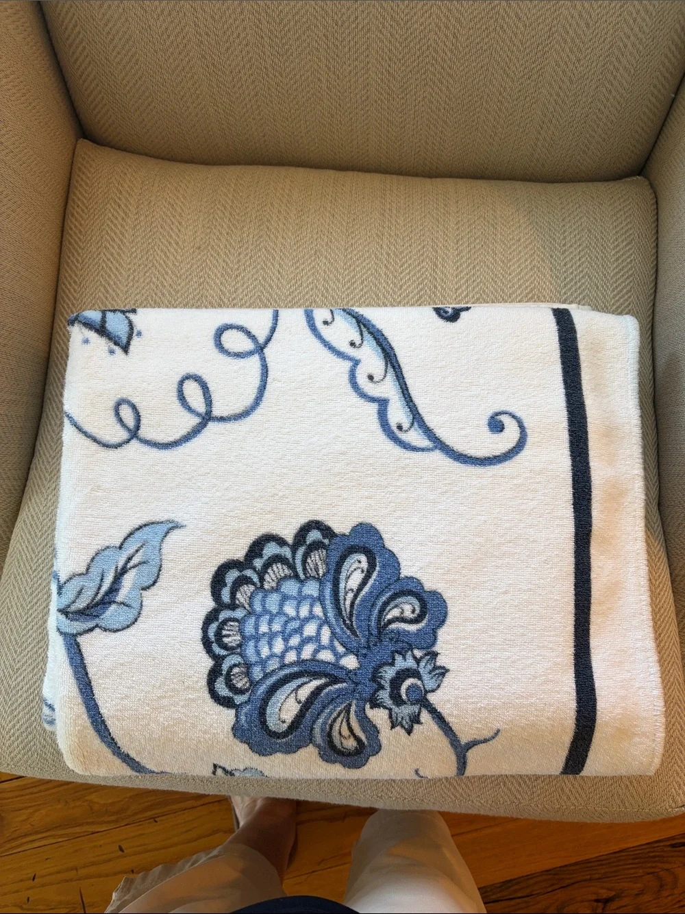 Blue Floral Cotton Bath Towel Extra Large 54x65”